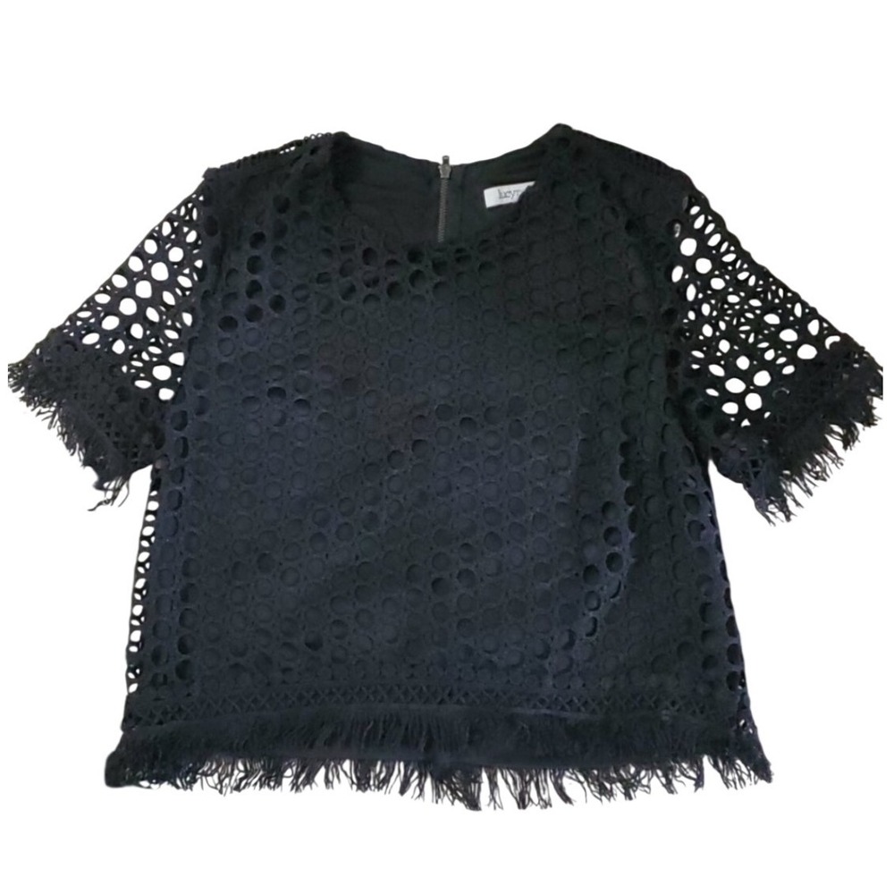 Lucy Paris Black Eyelet Lace Top‎ Short Sleeve Fringe Hem Boho Blouse Small